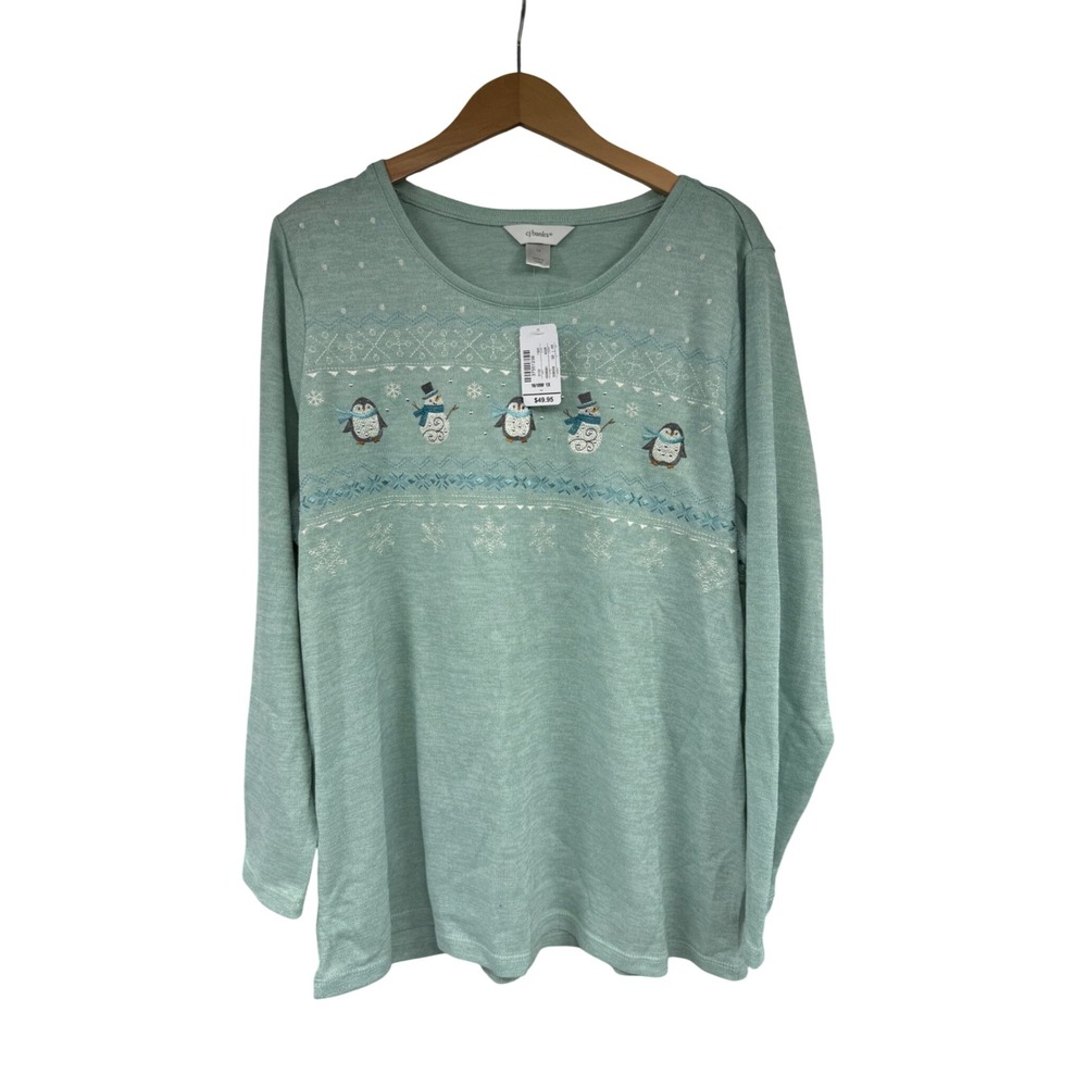 CJ Banks Womens 1X Green Penguin Snowman Winter Knit Top NWT